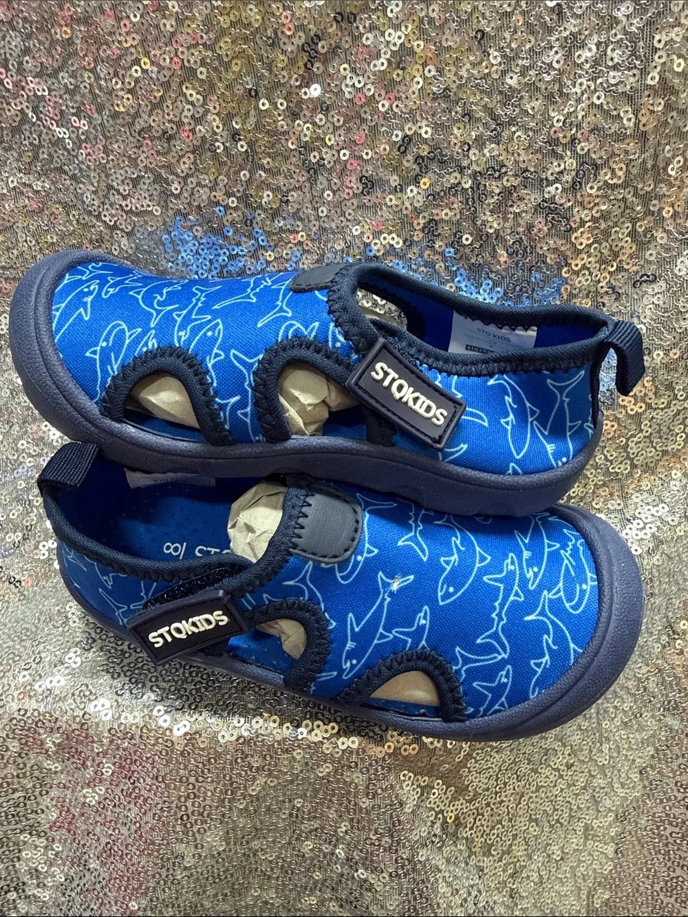 Blue Shark-Print Kids' Water Shoes, size 8, NWOT